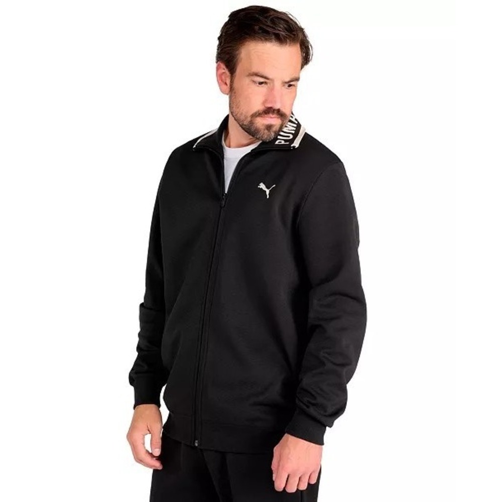 PUMA Mens Track Jacket L Black Full Zip Embroidered Cat Logo Spellout Collar NWT